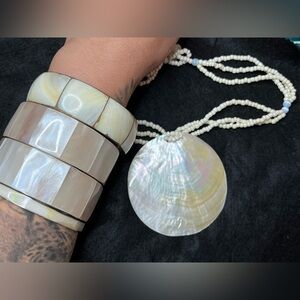 Vintage Mother of pearl bangles brass and silver tone with chunky necklace